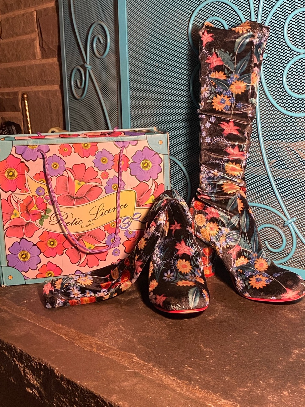 Irregular Choice Poetic License knee high boots,black floral stretch velvet,9